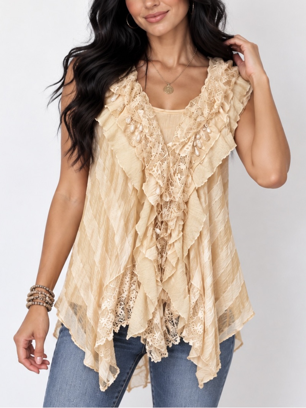 NWOT ButterCream Ruffled Sleeveless Two piece Tunic Top Large